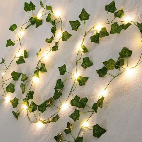 Guirlande lumineuse de 2 m en forme de vigne de lierre vert, à piles, 20 LED, pour chambre ou décoration de patio (blanc chaud) (1/5)