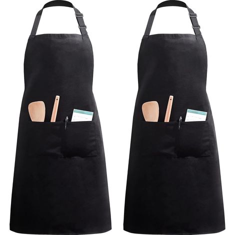 Tablier De Cuisine avec 2 Poches Réglable Cuisson à Domicile Tabliers pour Femmes Hommes Chef 2 Packs  (Noir) (1/5)