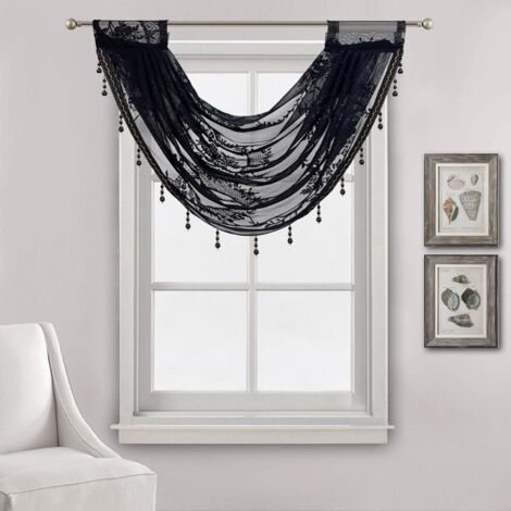 Rideau de fenêtre en dentelle cascade avec broderie florale semi-transparente pour cuisine, cantonnière filtrant la lumière, 1 panneau, noir, 40,6 x 73,7 cm (1/5)