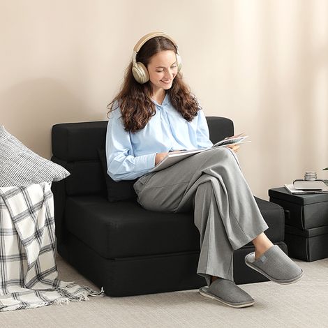 Fauteuil convertible 1 place fauteuil lit pliant. coussin inclus. pour invités. salon. petit espace. charge 120 kg. noir