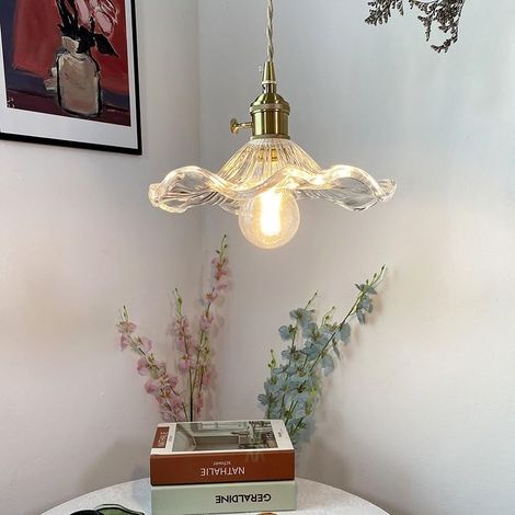 Suspension en forme de fleur avec abat-jour en verre et hauteur réglable convient aux îlots de cuisine, aux chambres et aux couloirs douille E27/E26 (ampoule non incluse). (1/4)