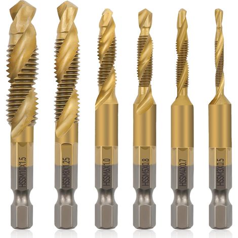 6pcs Taraud, Hss Foret Taraudeur M3 M4 M5 M6 M8 M10, Tige Hexagonale Métrique 1/4 Pouce Kit Taraudage Ensemble, Taraud M6 Ensemble, Adapté au Bois, Métal, Plastique (1/5)