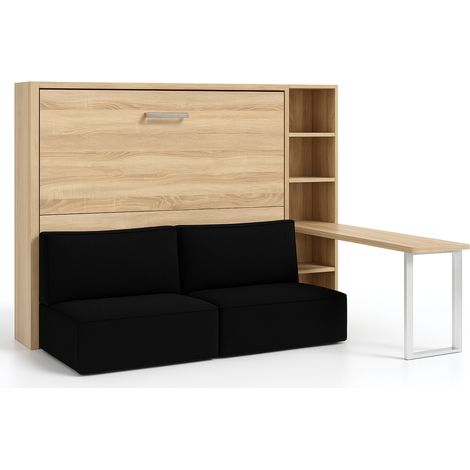 Lit escamotable horizontal LOGIA Noir lit+canapé+étagère+bureau-160x200-Canapé Noir-Structure Chêne clair-Version lit+canapé+étagère+bureau (1/5)