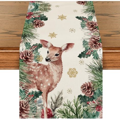 Chemise De Table De Noël - Pommes De Pin Et Feuilles De Renne - Décor Hivernal Pour Salle À Manger Et Cuisine - 33 X 305 Cm - 1 Pièce