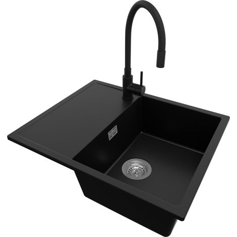 PRIMAGRAN Evier Cuisine en Granit 62x50cm, Lavabo 1 bac + Robinet 40x38cm + Kit de Vidage, Évier à Encastrer au meuble 45cm - Ibiza, Noir (1/5)