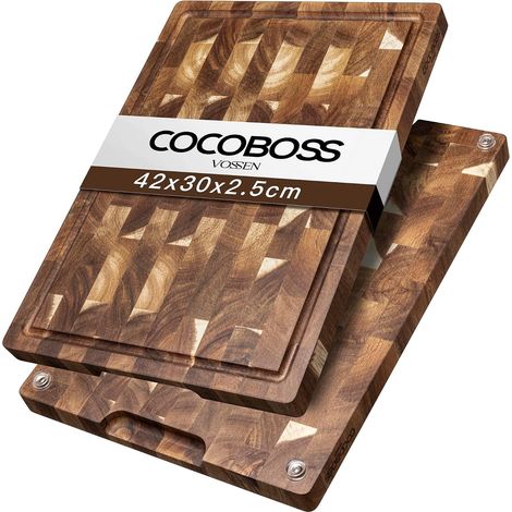 Planche à découper en bois d'acacia pour plaques de cuisine, avec toboggan à jus, accoudoirs, pieds antidérapants (Large - 42 x 30 x 2,5 cm) (1/5)