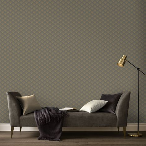 Papier peint intissé Ecailles Effet relief 1005 x 52cm Anthracite Or (1/5)