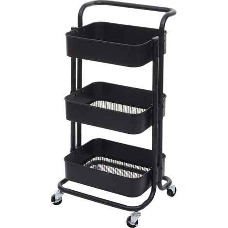 Carro de servicio de barra de cocina con ruedas con asa y 3 cestas de almacenaje en acero negro 040002433