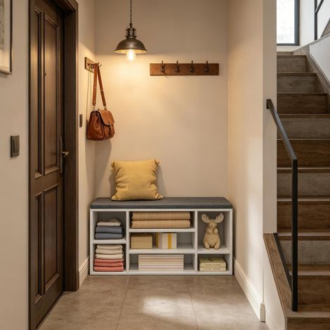 Banc à chaussures d’entrée avec 7 casiers, assise rembourrée, rangements réglables pour bottes, meuble blanc et gris gain de place pour couloir, CHICFURN (1/5)