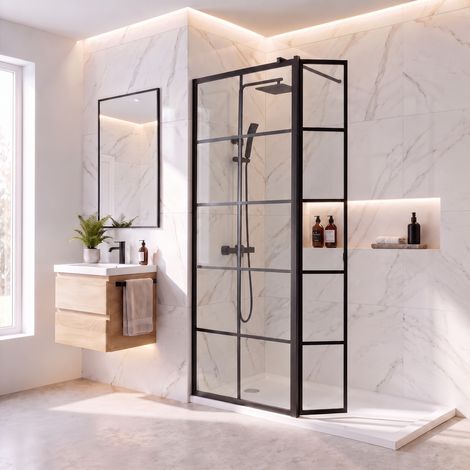 Aquari Grid Wet Room Screen Walk In Enclosure Matt Black 800mm with 300mm Hinged Return Panel 8mm Toughened Safety Glass (1/5)