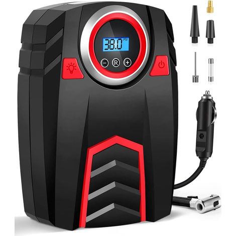 Gonfleur Pneus Voiture 12V Digital - Compresseur à Air Portatif 150 PSI/30L/min avec Écran LED, 4 Adaptateurs Universels et Tuyau 50cm (Noir/Rouge) pour Pneus/Vélo/Camping (1/5)