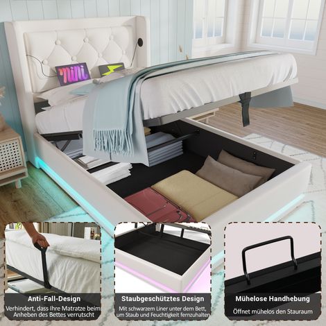 Lit 1 place 90x200 cm blanc, sommier coffre hydraulique en PU, tête de lit rembourrée avec charge USB-C, éclairage LED 3 côtés (avec matelas) (1/5)