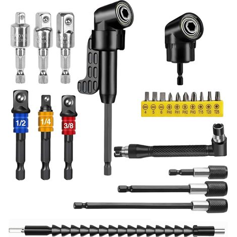 23pcs Renvoi d'Angle Visseuse 105° avec rallonges, tournevis coudé pour d'atteindre des trous de vissage profonds jusqu'à 15 cm, dans les espaces restreints, à la maison et au garage (1/5)
