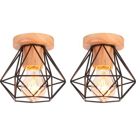 – Lot de 2 plafonniers vintage rétro E27 en métal et bois noir – Abat-jour 16x15cm – Pour ampoules Edison/LED – Installation rapide (1/5)