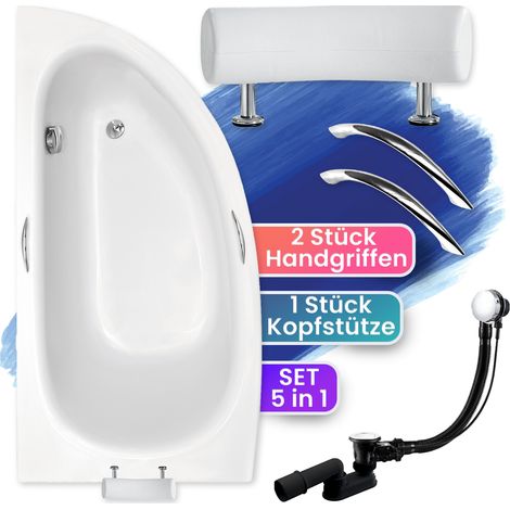 Badewanne Eckbadewanne 150x70 Links + Handgriffen + Kopfstütze, Ablauf & Füße GRATIS - Komplettset 5in1 Original Acryl Wanne - BADLAND MILENA PREMIUM (1/5)