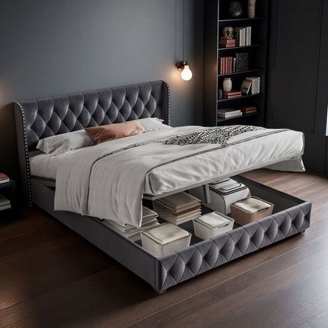 "Hydraulisches Erwachsenenbett 140x200 cm mit Stauraum, dunkelgrauer Samt und Nieten betonen den luxuriösen Look - Doppelbett mit französischem Design"