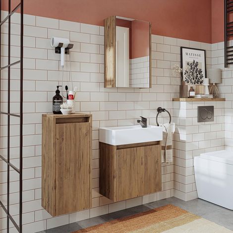 Mini Bathroom Furniture Set with Basin, Mirror Cabinet and Tall Storage Unit, Oak Effect (1/5)