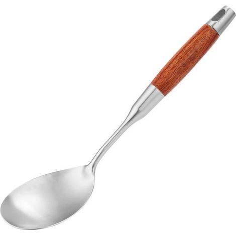 1 Cuillère de service, Acier inoxydable 304, Manche en bois, Résistant à la chaleur, Pour cuisine et wok (1/5)