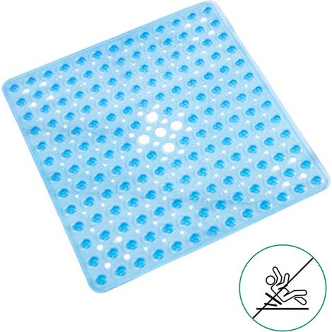 Tapis de douche carré antidérapant et anti-moisissure, lavable en machine, avec ventouses, en caoutchouc antibactérien, pour enfants, avec trous de drainage, bleu ciel