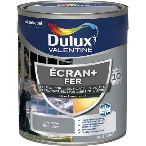 ECRAN+ FER BRILLANT - Peinture pour fer intérieur/extérieur - Grilles, portails, volets, ferroneries, mobiliers de jardin - Gris Acier 2 L - Dulux Valentine