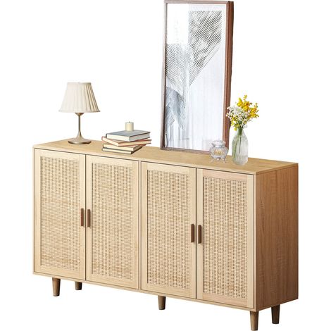 158CM Meuble de rangement décoratif élégant et fonctionnel à 4 portes en rotin, pour chambre, salon, bureau (1/5)