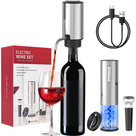 Todeco – Tire-bouchon électrique 4 en 1 – Ouvre-bouteille rechargeable – Aérateur de vin automatique – Coupe-capsule – Bouchon à vide – Câble USB (1/5)