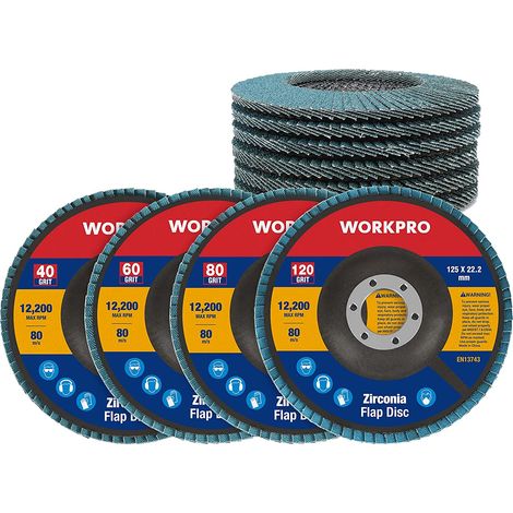 Workpro – Lot de 10 disques abrasifs à lamelles 125 mm – Grain 40/60/80/120 – Pour ébavurage, rouille, polissage, finition – Vitesse max 12200 tr/min (1/5)