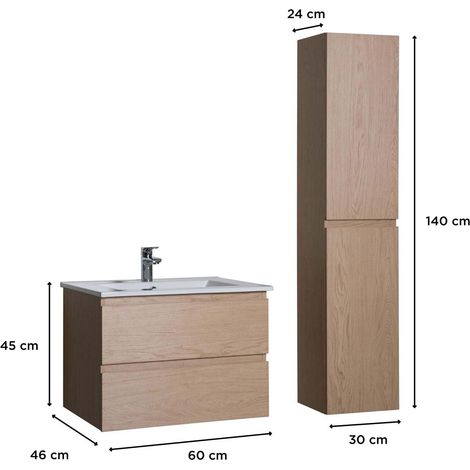 Mob-In – Ensemble meuble salle de bain 60cm – Vasque simple avec colonne 140cm – Décor chêne – Panneau mélaminé résistant — vue 2