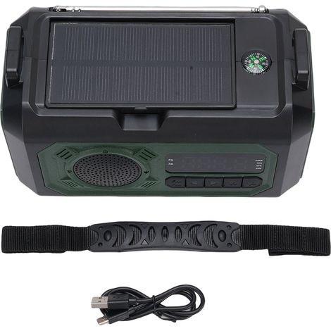 Ortviai Radio d'urgence solaire et manivelle 12000 mAh avec lampe torche, SOS, boussole, AM/FM/WB, vert militaire (1/5)