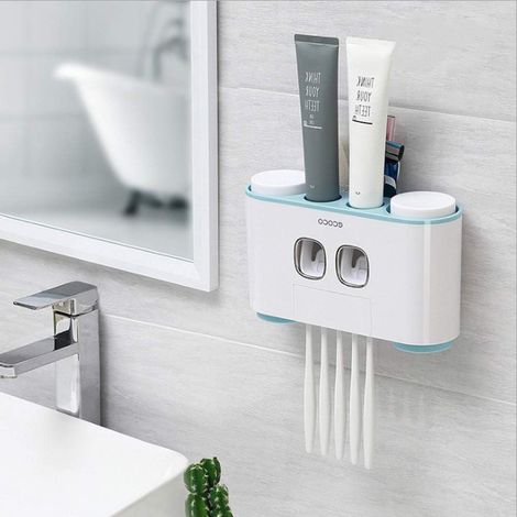 Support Mural sans perçage pour Brosse à Dents, Distributeur de Dentifrice et emplacements Multifonctions pour Salle de Bain, 2 Presse-Dentifrice avec 5 brosses avec 4 Tasses