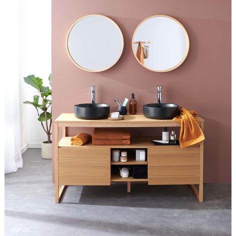Meuble ATOLL double 140cm chêne vasques rondes noires miroirs robinets