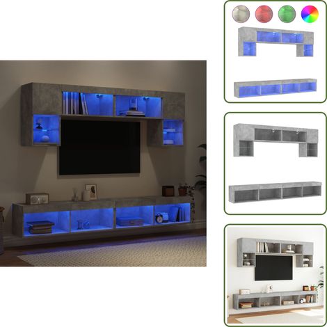 The Living Store Muebles TV pared con LED 6 pzas madera ingeniería gris hormigón - TV de pared