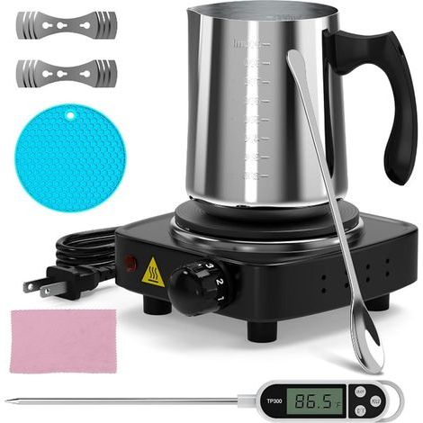 Kit fai-da-te per la creazione di candele LIROPAU con piastra riscaldante elettronica, fonditore di cera, recipiente per versare la cera, recipiente per fondere la cera con termometro, cucchiaio per m (1/5)