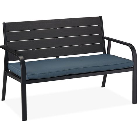 Relaxdays Gartenbank mit Sitzkissen, Holzoptik, HBT: 78 x 118 x 66 cm, 2 Sitzer, stabile Balkonbank, schwarz/anthrazit