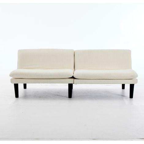 Canapé 2 places beige à dossier 3 positions réglables, pieds ronds en plastique noir, revêtement velours côtelé (1/5)