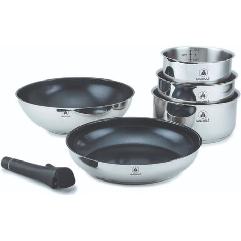 Set de cuisine 6 pièces en acier inoxydable avec revêtement céramique antiadhésif, compatible tous feux, poignée amovible, dimensions variées, 16x7,5 cm, Argent