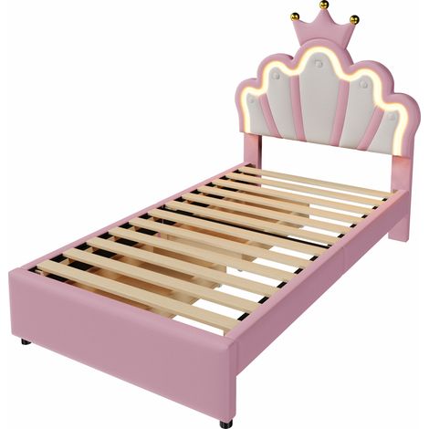 Lit cabane princesse 90 x 200 cm en PU rose avec LED 16 couleurs et 2 tiroirs (1/5)