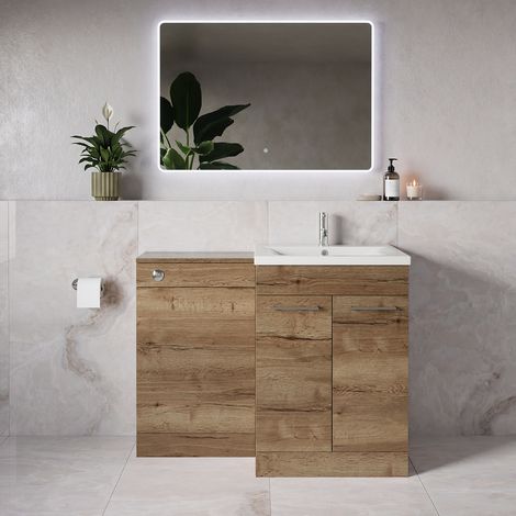Napoli 460 Tobacco Oak 1100mm 2 Door Vanity Unit Toilet Suite with Glide Basin - 1100mm - Chrome 160mm HandleWithout Kingston Toilet Pan