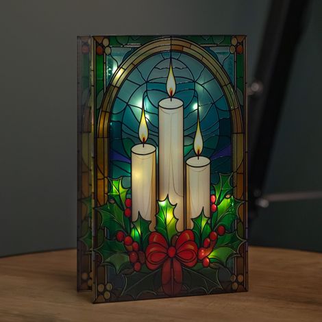 21cm Battery Operated Light up Stained Glass Christmas Decoration with Candles & Holly with Warm White LEDs (1/5)