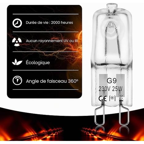Ampoule Halogene G9 25W 230V 2800K Dimmable, Lampe salon halogène,Ampoule four g9 25w 300 degré pour Hotte de Cuisine,Four,Plafonnier,Bain,Spots,Appliques Murales (1/4)