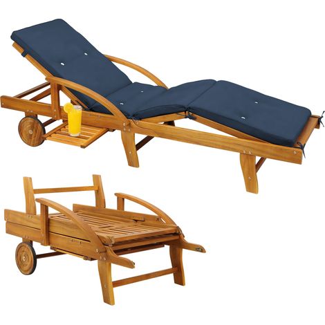 CASARIA® Bain de soleil en bois d'acacia avec coussin housse inclus jardin balcon exterieur chaise longue ergonomique  Bleu