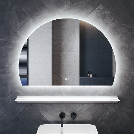 SIRHONA Miroir lumineux de salle de bain avec étagère éclairée - Miroir semi-circulaire antibuée avec fonction mémoire, trois couleurs réglables, 100 x 70 cm