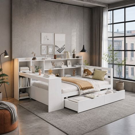 DESMIU Lit banquette 90 × 200 cm 1 place avec bureau, étagères, rangements, prises USB et sans matelas, en bois, blanc (1/5)