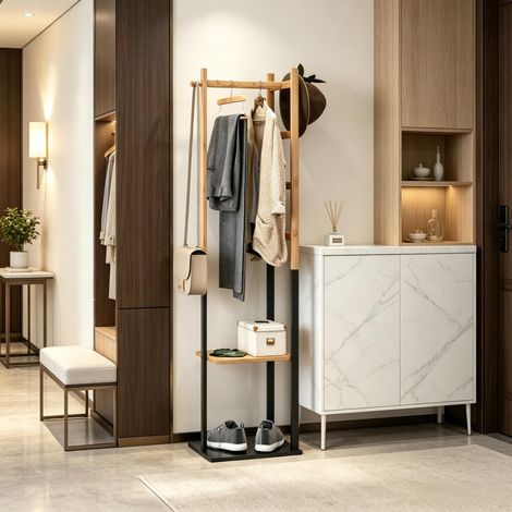 Porte-vêtements en bambou avec tringle, étagères, crochets et 4 montants latéraux, portant à vêtements robuste pour ranger vos habits dans la chambre et vestibule (1/5)