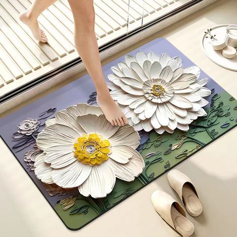 Tapis de bain en diatomite antidérapant – Absorbant, résistant à la saleté et à l’usure, design peinture à l’huile (motif violet et vert, 50 x 80 cm) pour entrée de salle de bain-lsw