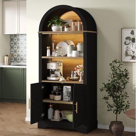 Aparador alto con estante regulable y LED, mueble de cocina 76,2 x 40,1 x 180 cm, negro OKMYHOME (1/5)