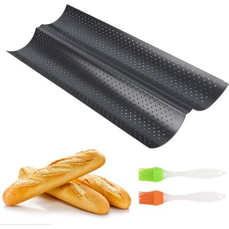 Moule à Baguette Antiadhésif - Plaque à Pain Française 2 Baguettes avec 2 Pinceaux de Cuisine