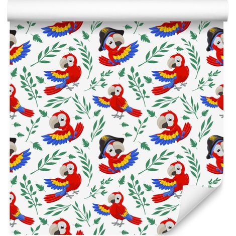 Papier peint perroquet blanc, gris clair et corail pour salon et chambre 50x1000 cm (1/5)