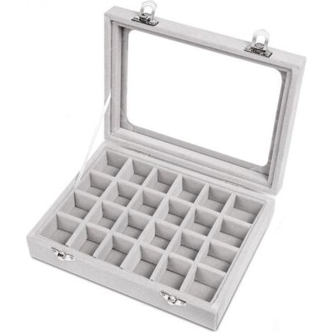 Présentoir à bijoux en verre velours à 24 grilles, boîte de rangement pour bagues, boucles d'oreilles, support de rangement (gris) (1/5)