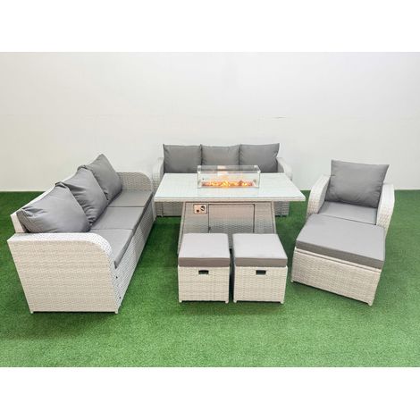 Fimous 10 Seater Poly Rattan Outdoor Garden Furniture Firepit Dining Table Sofa Set Patio 3 Seater Sofa Reclining Chair 3 Seater Sofa 3 Stools Light Grey (1/4)
